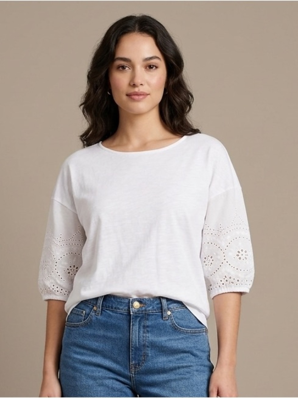 Garnet Hill White Cotton Eyelet Puff Sleeve Organic Cotton Top